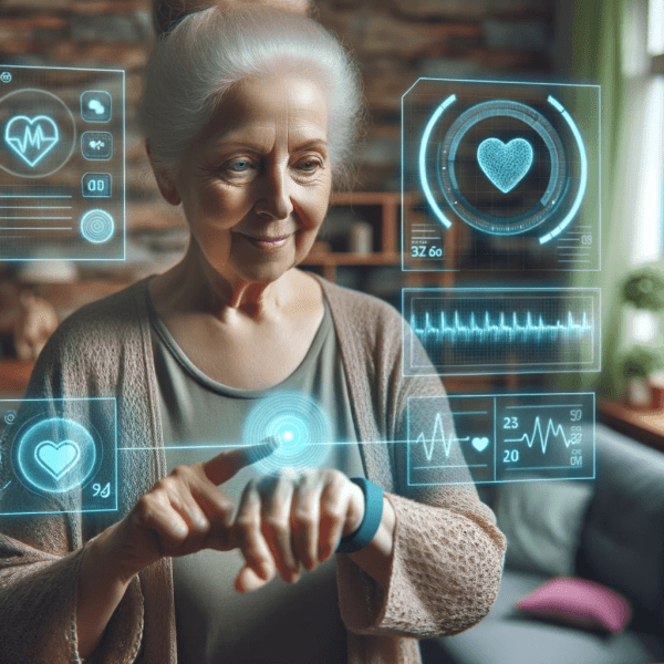 AI image of elderly woman working with a hologram computer