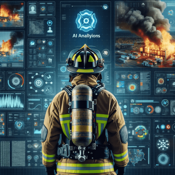 AI image of fire fighter standing on front of multiple screens