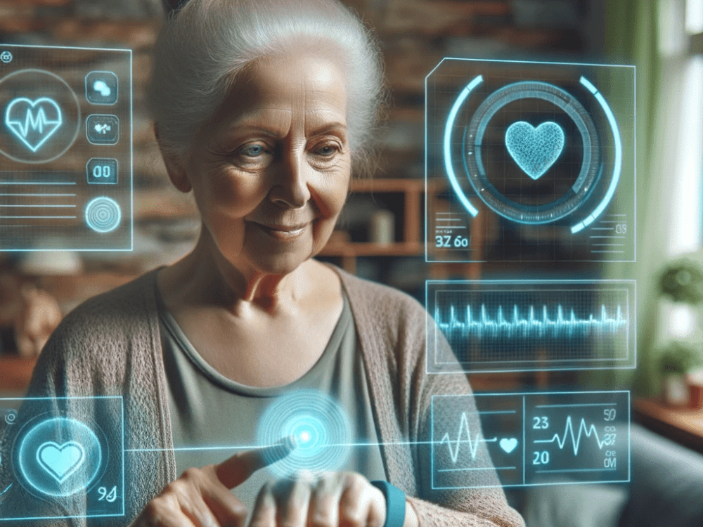 AI image of elderly woman working with a hologram computer